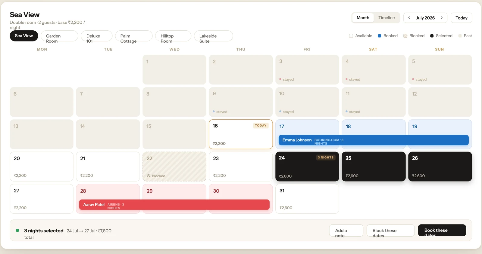 StayDocs month overview — each night marked booked, blocked, priced or open, with per-night prices and a selected 3-night range
