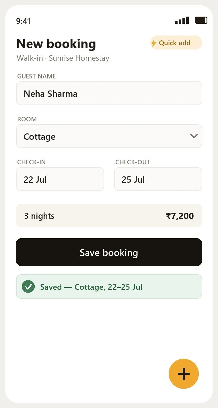 StayDocs quick-add booking screen — guest name, room, and check-in/check-out dates with a Save booking button and a saved confirmation for a walk-in guest