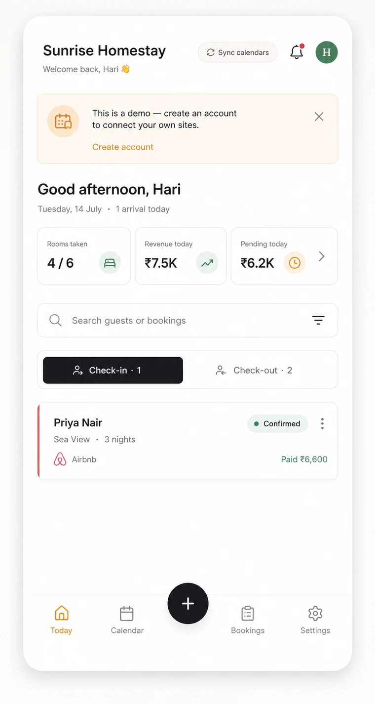 StayDocs Today screen — rooms taken, revenue and pending amounts, with today's check-ins and each arriving guest