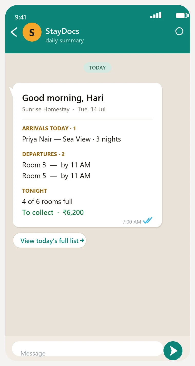 StayDocs daily summary on WhatsApp — arrivals, departures, tonight's occupancy and the balance to collect, sent to staff each morning
